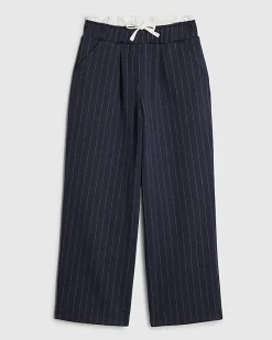 Girls Navy Pinstripe Wide Leg Trousers