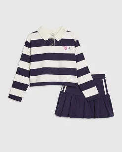 Girls Navy Stripe Polo Shirt And Skort Set