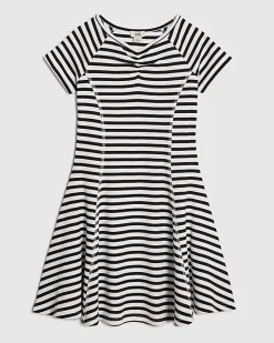 Girls Navy Stripe Ruched Ribbed Dress