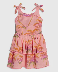 Girls Orange Palm Print Bow Dress
