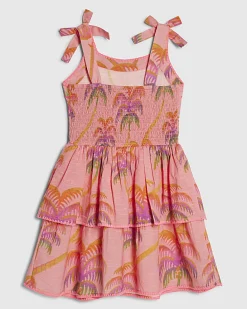 Girls Orange Palm Print Bow Dress