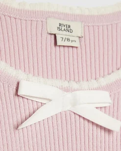 Girls Pink Bow Ruffle Trim Knitted T-Shirt