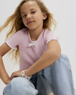 Girls Pink Bow Ruffle Trim Knitted T-Shirt