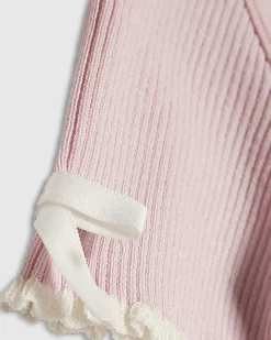 Girls Pink Bow Ruffle Trim Knitted T-Shirt