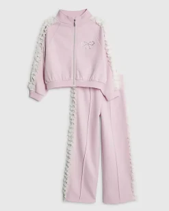 Girls Pink Bow Side Ruffle Sweatshirt Set
