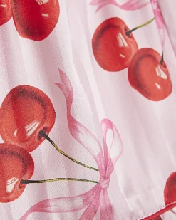 Girls Pink Cherry Print Satin Pyjamas Set