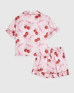 Girls Pink Cherry Print Satin Pyjamas Set