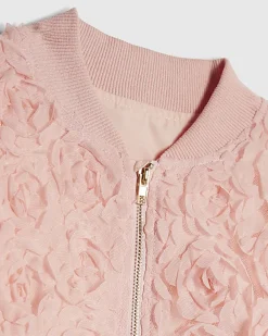 Girls Pink 3D Floral Bomber Jacket