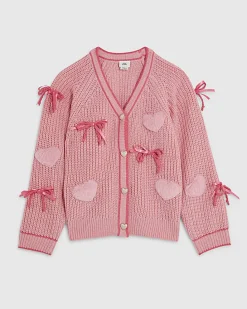 Girls Pink 3D Heart and Bows Cardigan