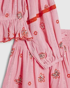 Girls Pink Embroidered Mirror Skirt Set
