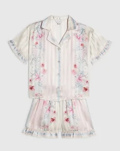 Girls Pink Floral Border Satin Pyjamas Set
