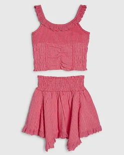 Girls Pink Gingham Stripe Skirt Set