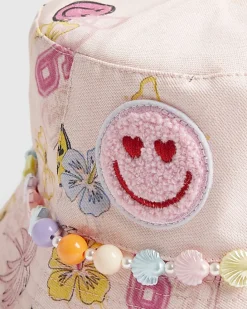 Girls Pink Graffiti Beaded Bucket Hat