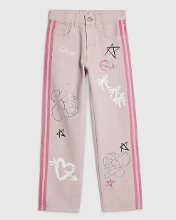 Girls Pink Graffiti Straight Jeans