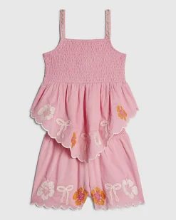Girls Pink Hanky Hem Embellished Top Set