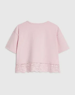 Girls Pink Lace Trim T-Shirt