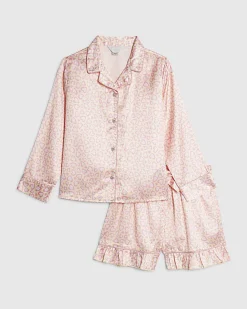 Girls Pink Leopard Satin Pyjamas Set