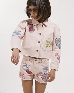 Girls Pink Love Heart Denim Jacket