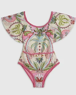Girls Pink Palm Tree Print Swimsuit