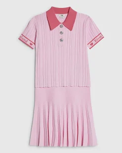 Girls Pink Polo Shirt And Skirt Set