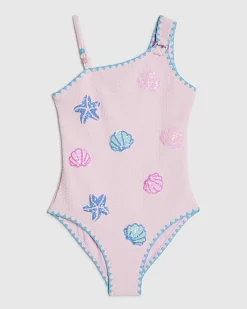 Girls Pink Sequin Shell Swimsuit