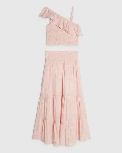 Girls Pink Shell Print Maxi Skirt Set
