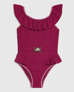 Girls Pink Shell Texture Belt Swimsuit