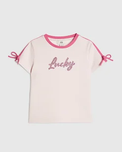 Girls Pink Side Stipe Bow Lucky T-Shirt