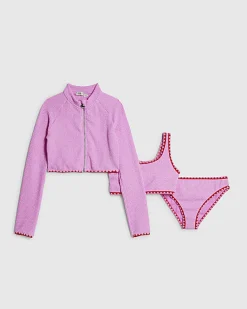 Girls Pink Textured Jacket And Bikini Set