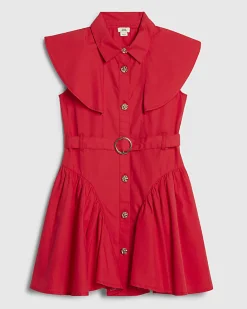 Girls Red Poplin Belted Shirt Dress