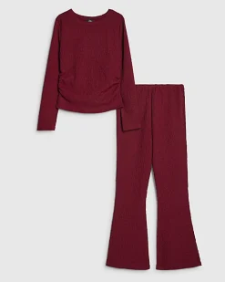 Girls Red Ruched Textured T-Shirt Set