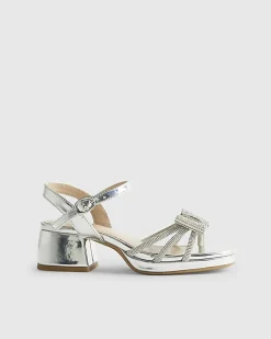 Girls Silver Diamante Bow Heeled Sandals
