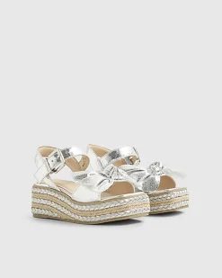 Girls Silver Metallic Bow Wedge Sandals