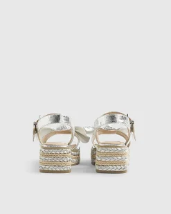 Girls Silver Metallic Bow Wedge Sandals