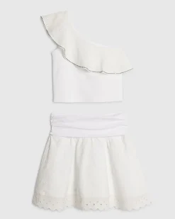 Girls White Asymmetric Top And Skirt Set