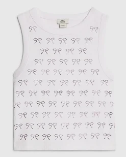 Girls White Bow Diamante Tank Top