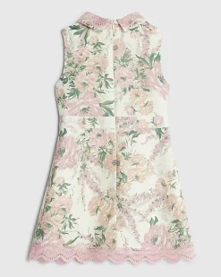 Girls White Collared Floral Lace Dress