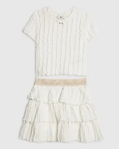 Girls White Crinkle T-shirt and Skirt Set