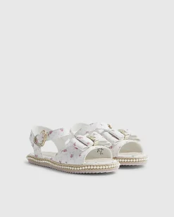 Girls White Ditsy Rose Bow Sandals