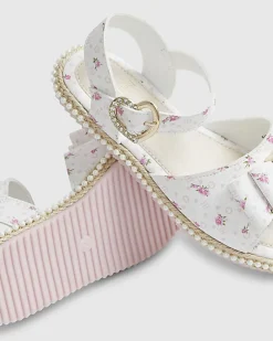 Girls White Ditsy Rose Bow Sandals