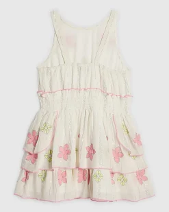 Girls White Floral Embroidered Scallop Dress