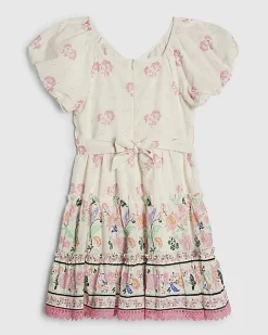 Girls White Floral Lace Trim Cotton Dress