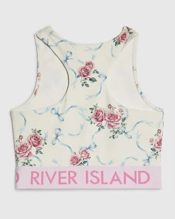 Girls White Floral Print Active Tank Top