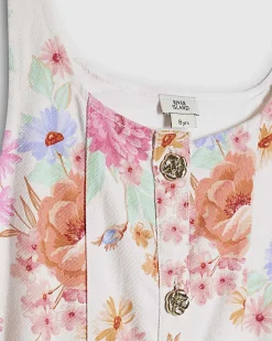 Girls White Floral Print Denim Prom Dress