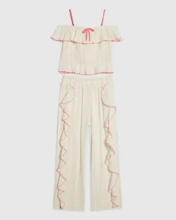 Girls White Frill Trousers Set