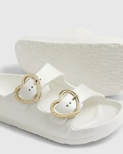 Girls White Heart Buckle Moulded Sliders