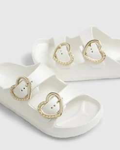 Girls White Heart Buckle Moulded Sliders