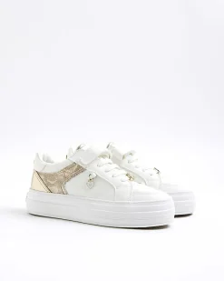 Girls White Heart Embossed Trainers