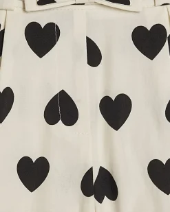Girls White Heart Print Bow Shorts