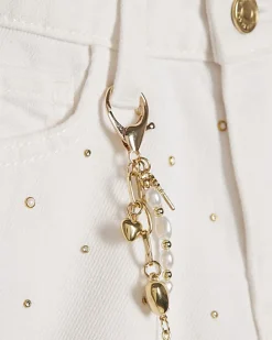 Girls White Pearl Embellished Denim Shorts